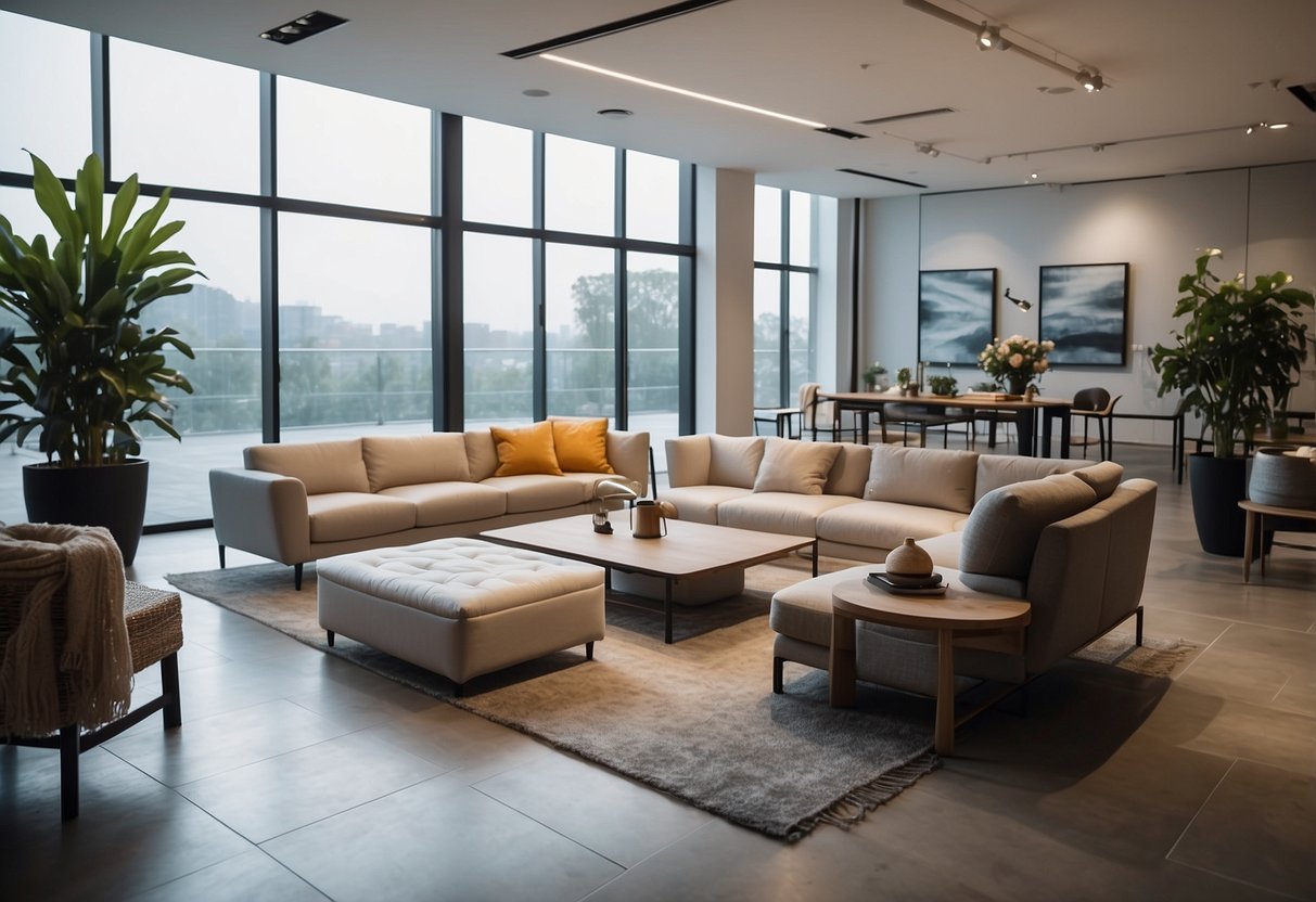 A spacious showroom with modern furniture displays and soft ambient lighting