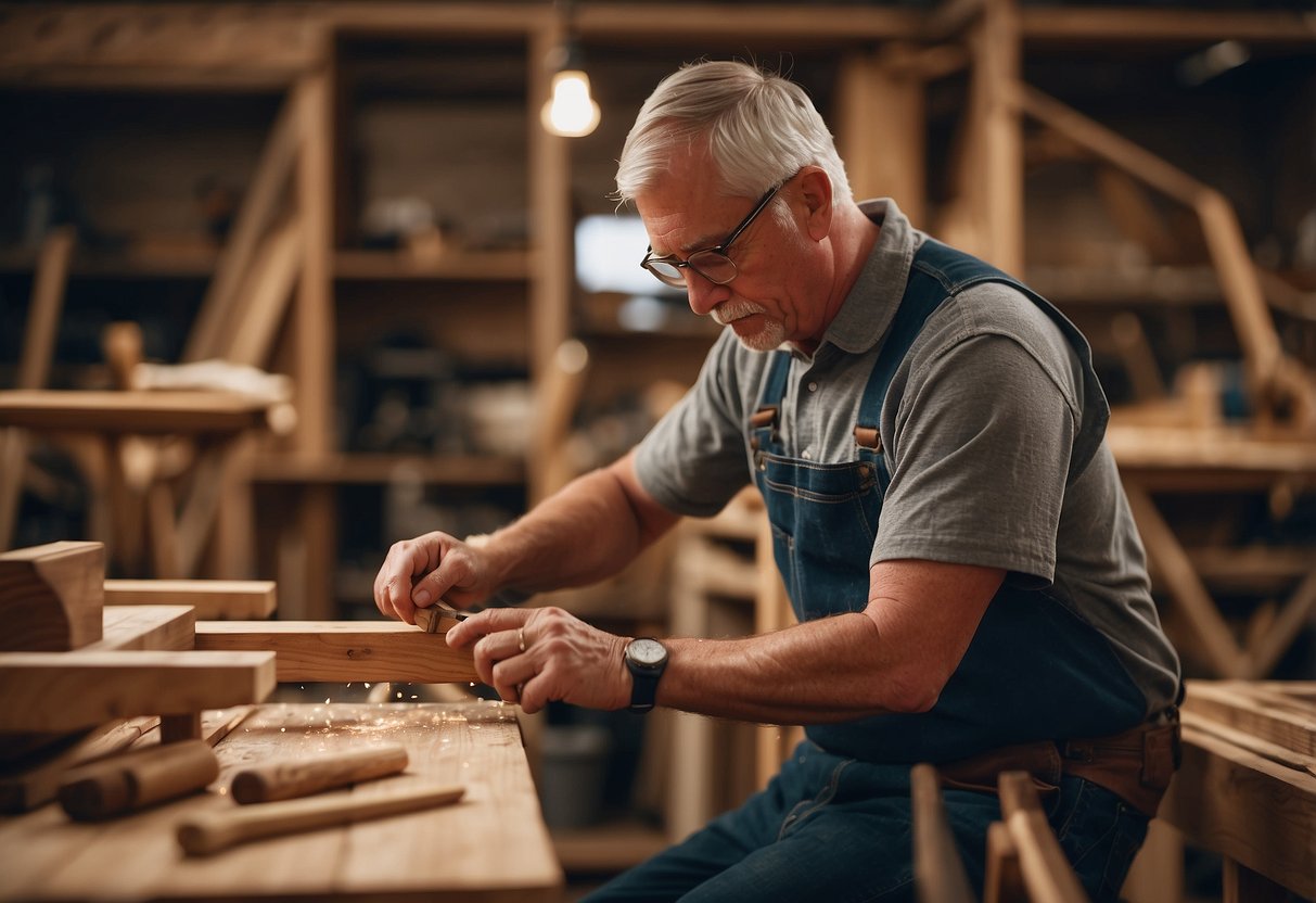 A woodworker carefully shaping red oak into a sleek chair, surrounded by various woodworking tools and finished pieces of furniture