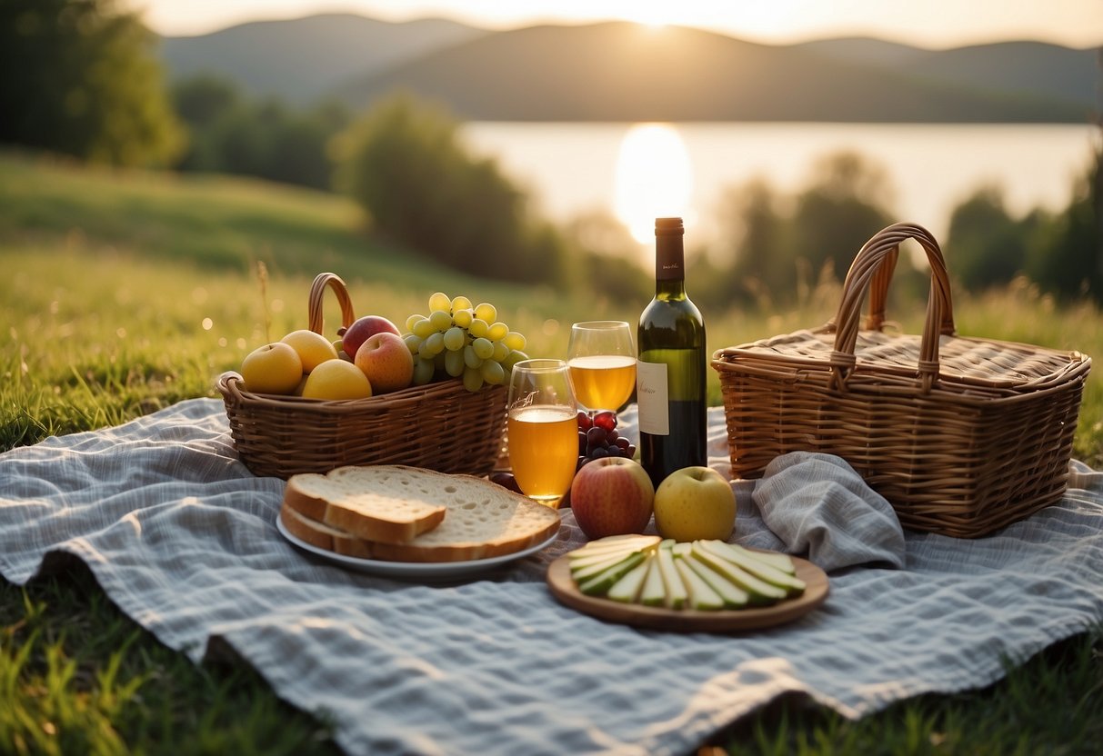 A picnic blanket spread on a grassy hill, overlooking a serene lake with the sun setting in the distance. A wicker basket filled with fruits and sandwiches sits beside a bottle of wine and two glasses