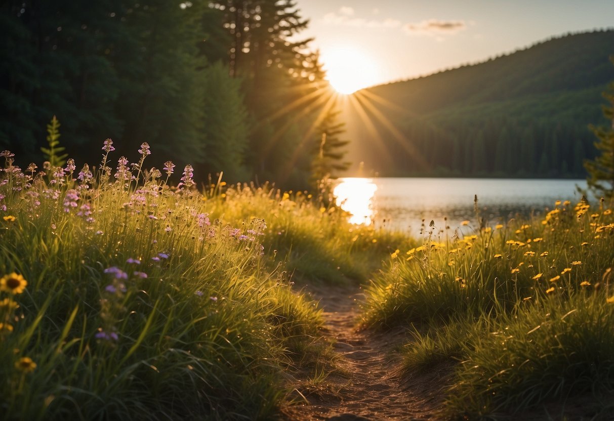 A grassy hill overlooking a serene lake, surrounded by tall trees and colorful wildflowers. The sun sets in the distance, casting a warm glow over the landscape