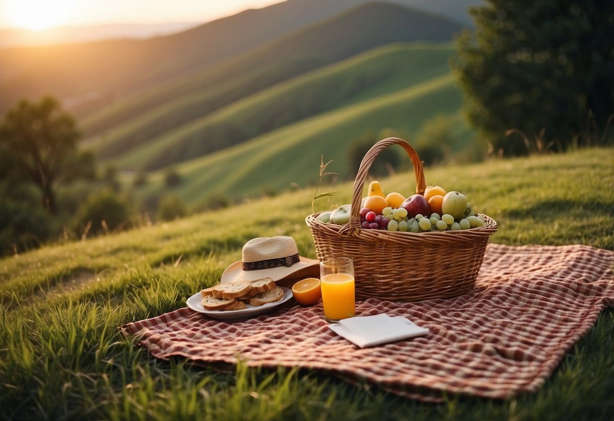 A picnic blanket spread on lush green grass, nestled amidst rolling hills. The sun sets in the distance, casting a warm glow over the tranquil scene