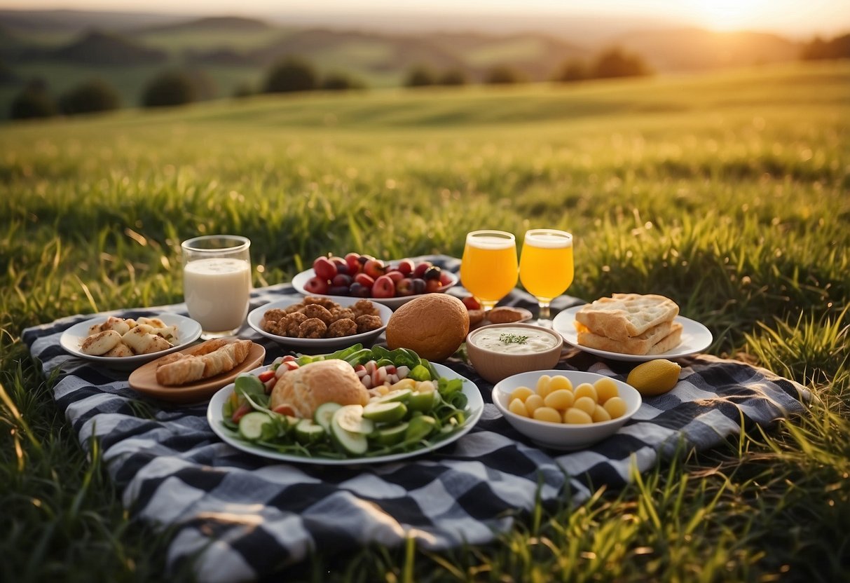 A checkered blanket spread on lush green grass, surrounded by a spread of delicious food and drinks. The sun dips below the horizon, casting a warm glow over the picturesque landscape