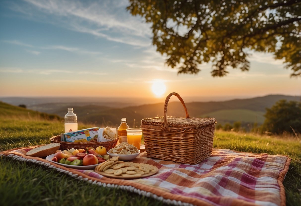 A picnic blanket spread on a grassy hill, overlooking a colorful sunset. A picnic basket filled with snacks and drinks sits beside a couple of cushions