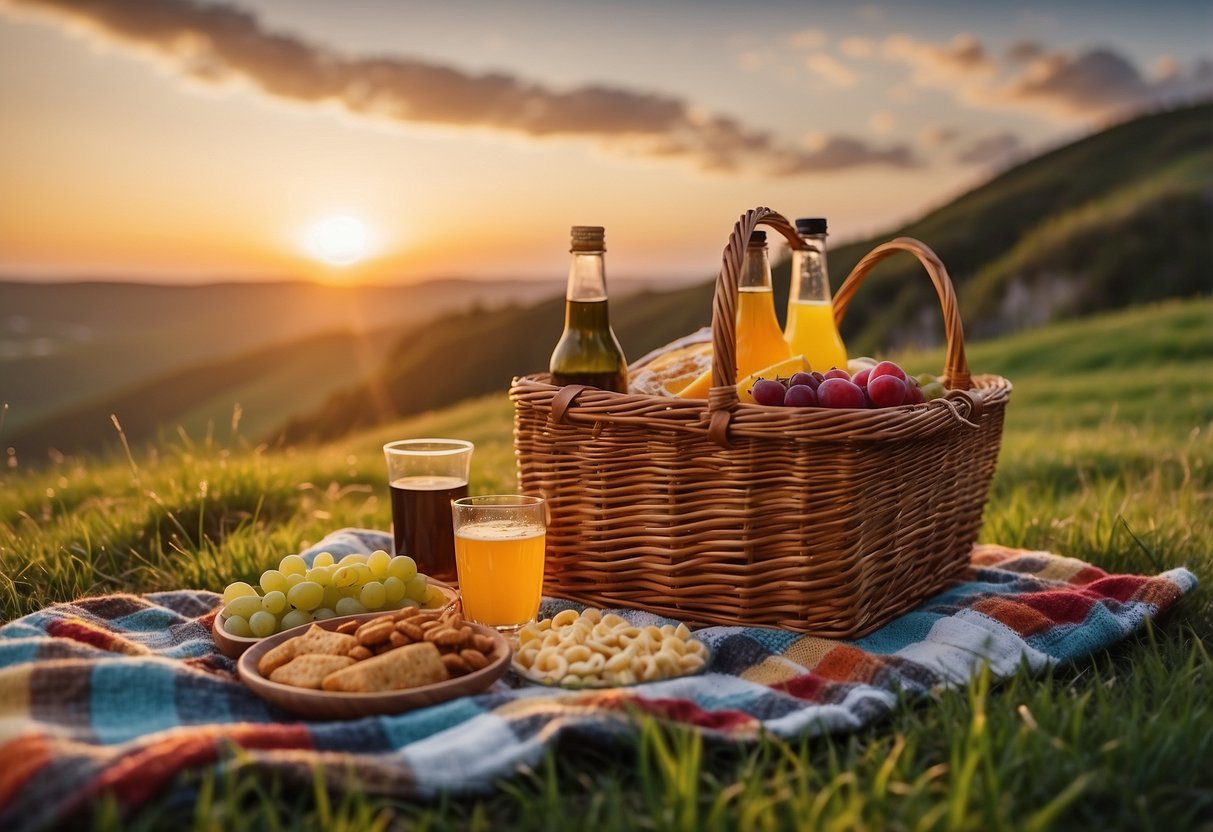 A picnic blanket laid out on a grassy hillside, with a wicker basket filled with snacks and drinks. A colorful sunset in the background, with extra layers and blankets nearby