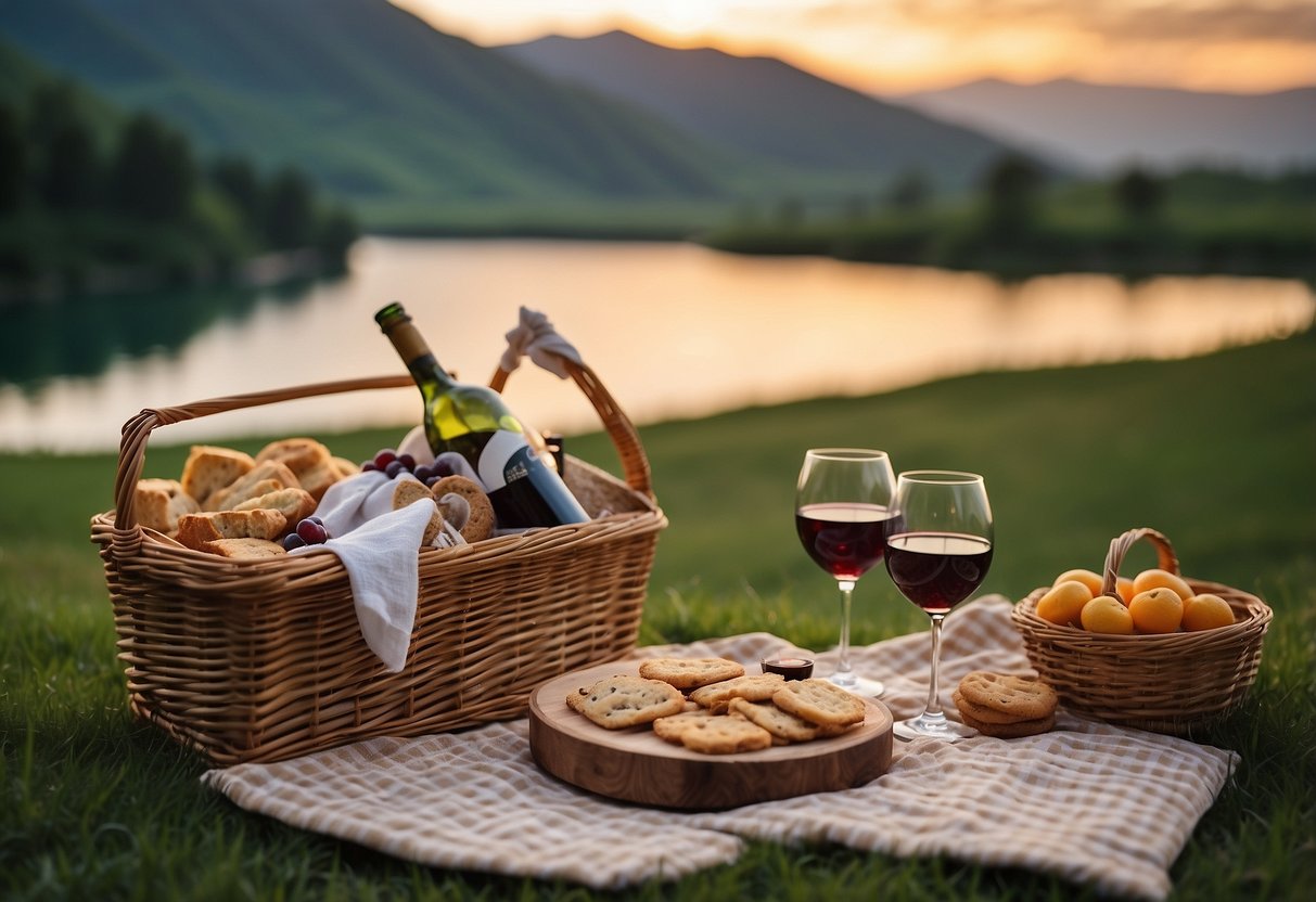 A checkered blanket spread out on lush green grass, a wicker picnic basket filled with delicious treats, a bottle of wine, and two glasses set against a backdrop of a vibrant sunset over rolling hills and a tranquil lake