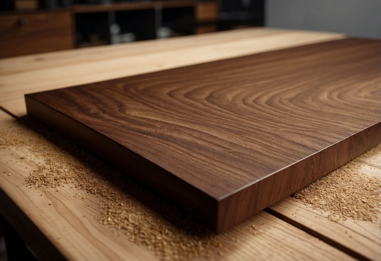 A walnut furniture board sits on a workbench, its rich brown color and grainy texture catching the light. Sawdust and wood shavings scatter around it, hinting at the crafting process