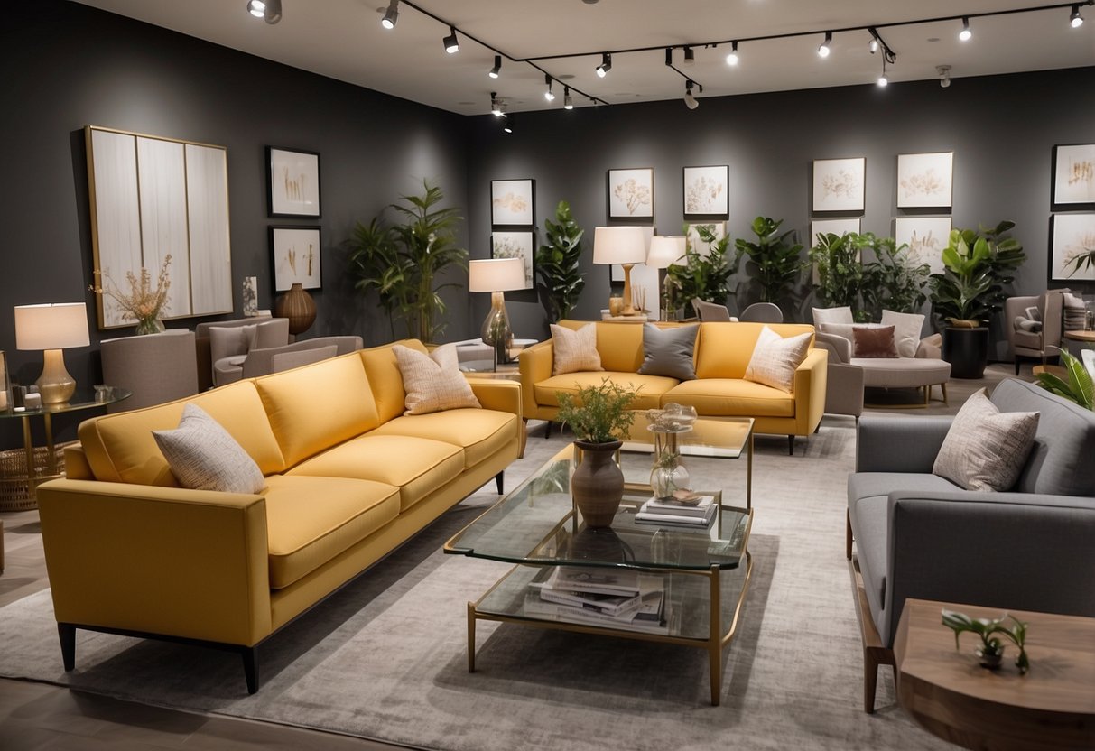 A spacious showroom displays a variety of home furniture, including sofas, tables, and chairs. Bright lighting and a clean, organized layout invite customers to explore and shop