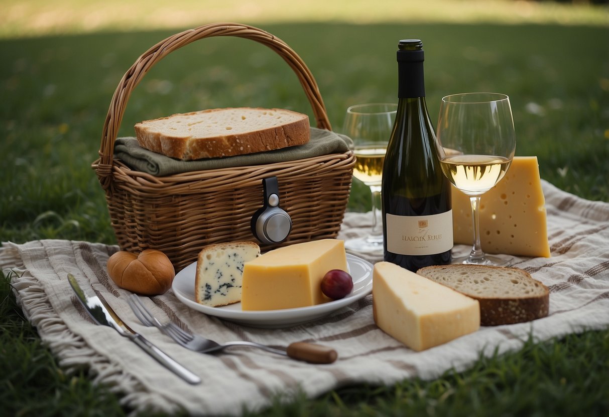 A blanket laid out on green grass, a wicker basket filled with wine, cheese, and bread, a couple of wine glasses, a portable speaker, and a small vase with fresh flowers