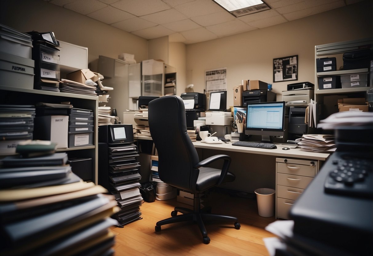 A cluttered office with a desk, chair, computer, files, and a telephone