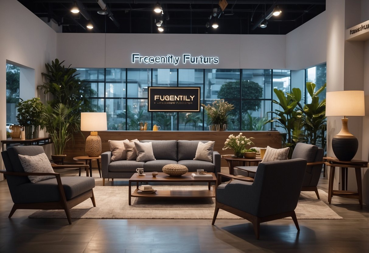 A showroom with modern furniture displays and a sign reading "Frequently Asked Questions Hua Kwang Furniture."