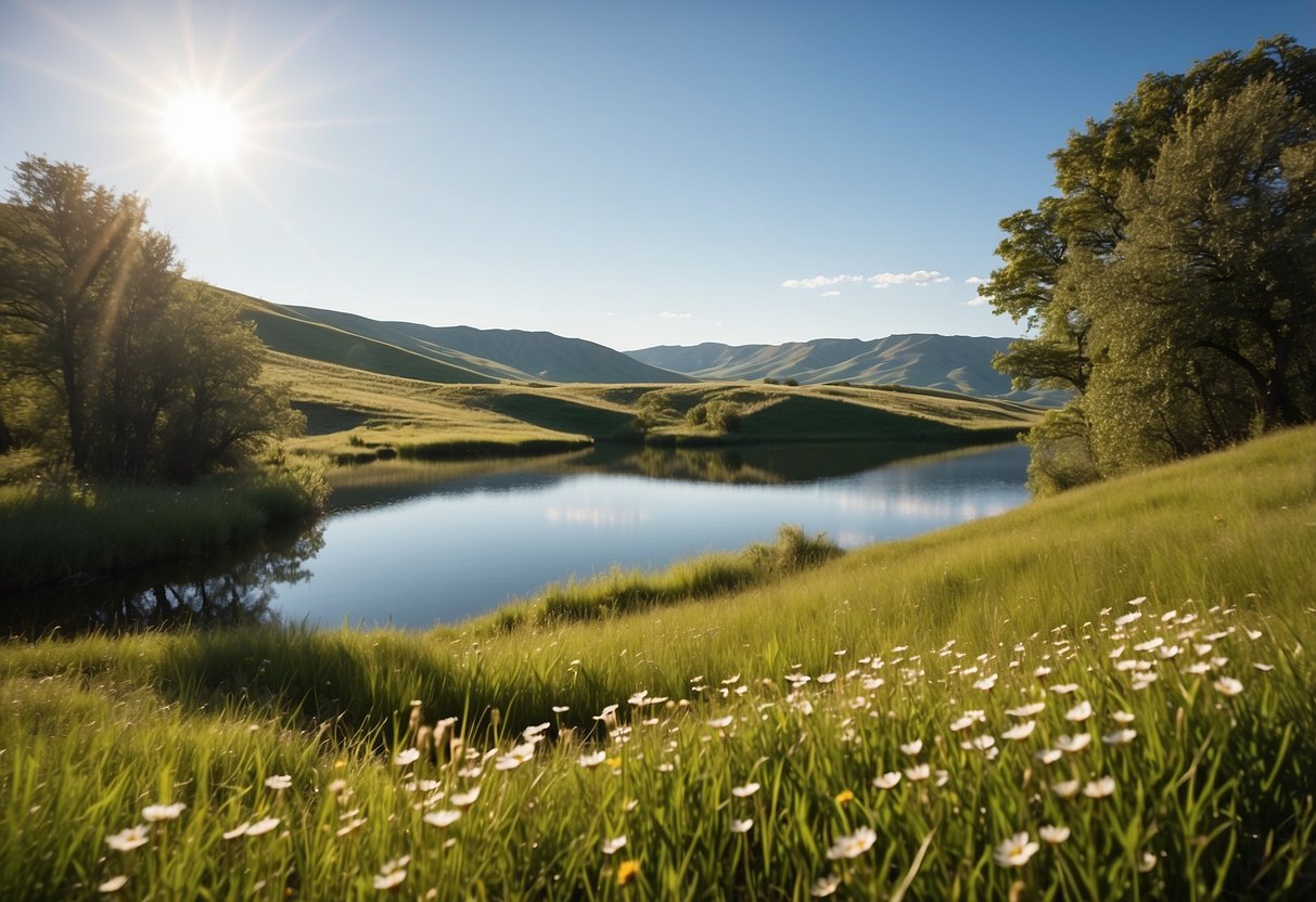 Rolling hills, lush green grass, and a serene lake surrounded by wildflowers. A clear blue sky and a gentle breeze complete the perfect picnic setting