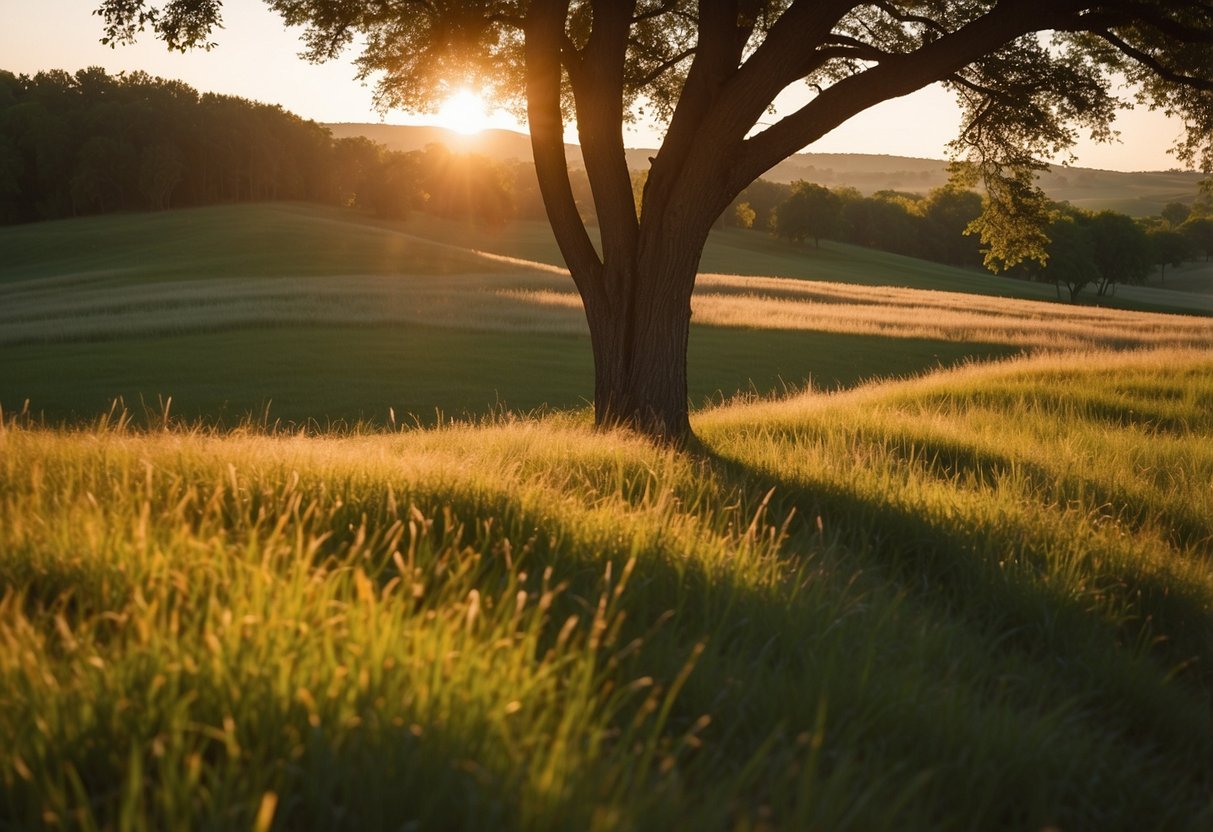 Golden sun setting over rolling hills, casting long shadows on lush green grass. Trees provide shady spots for picnics, while a gentle breeze rustles through the prairie lands