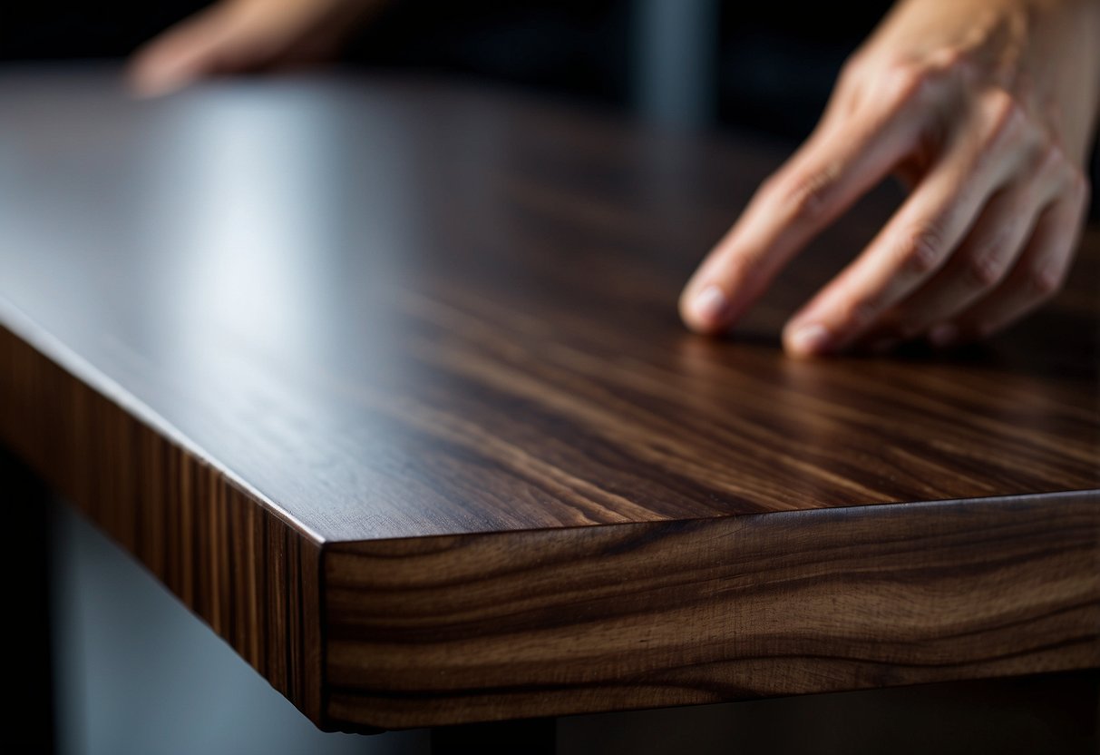 A hand runs over the smooth, dark surface of a walnut furniture board, revealing the rich grain and deep color of the wood
