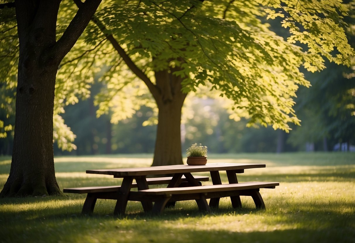 A sunny clearing surrounded by tall maple trees, with a wooden picnic table and benches set on a lush green lawn. A gentle breeze rustles the leaves, while birds chirp in the distance