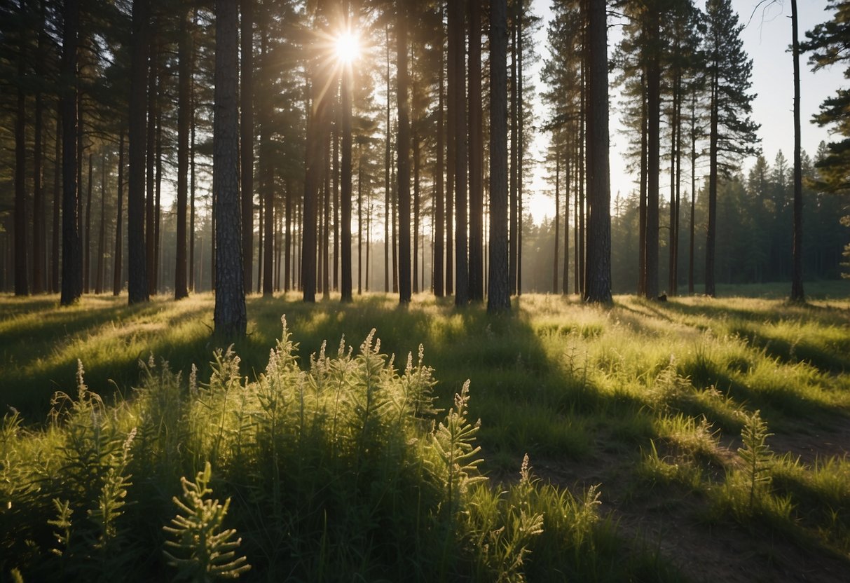 Sunlight filters through tall pines onto lush meadows, creating perfect picnic spots in the prairie lands