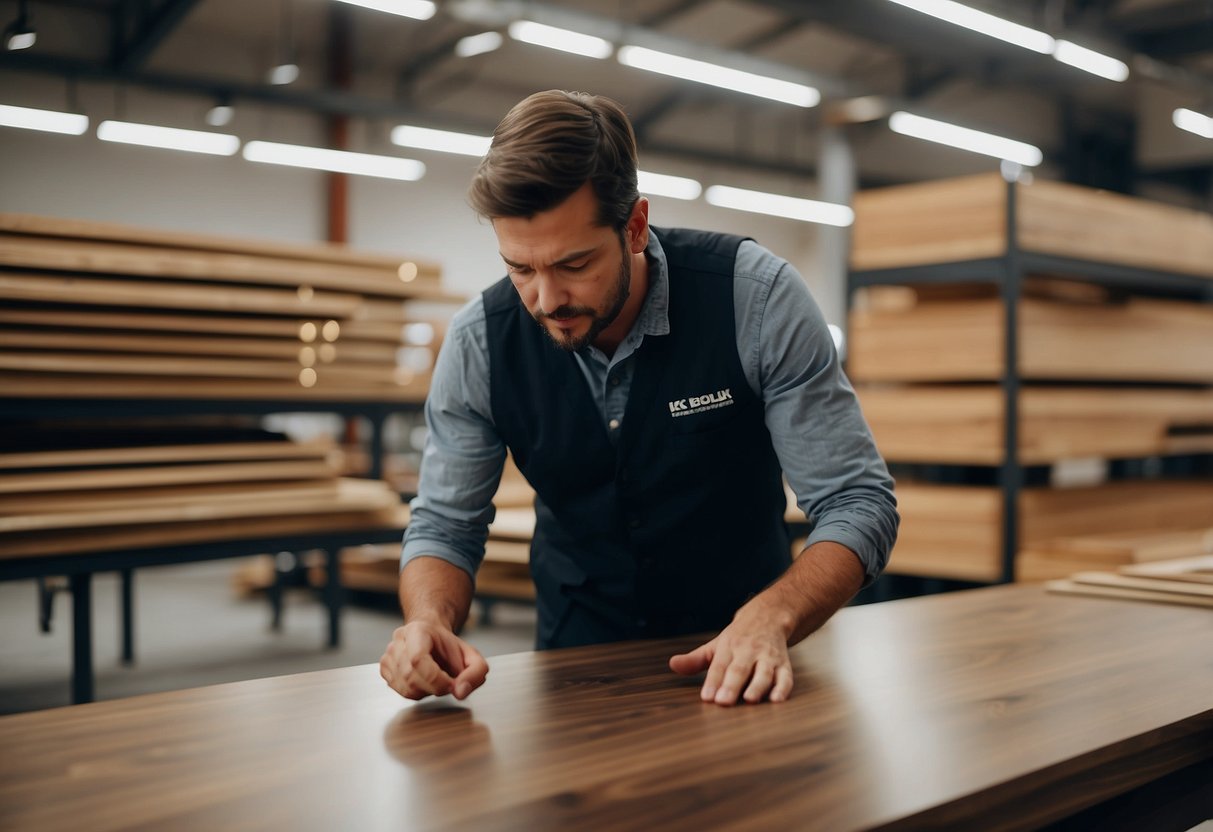 A customer selecting a walnut furniture board at a store, and a worker providing aftercare instructions