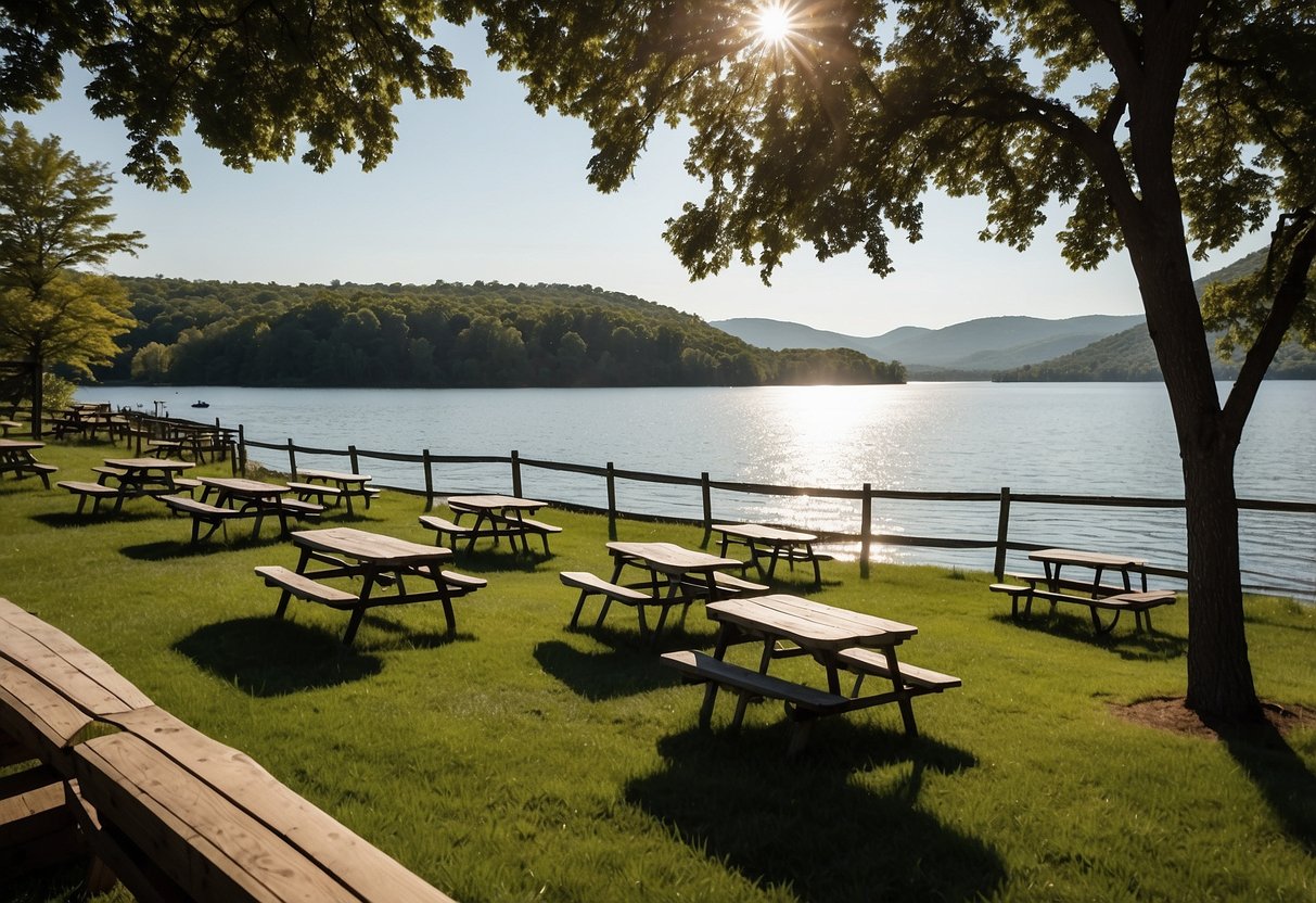 Lush grassy shores of Greenwood Lake, dotted with picnic tables and shaded by towering trees, offering serene views of the prairie lands