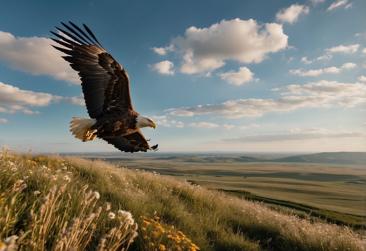 A majestic eagle soars over a vast prairie landscape, with a scenic overlook providing the perfect spot for a picnic. The grassy plains stretch out to the horizon, dotted with wildflowers and grazing wildlife