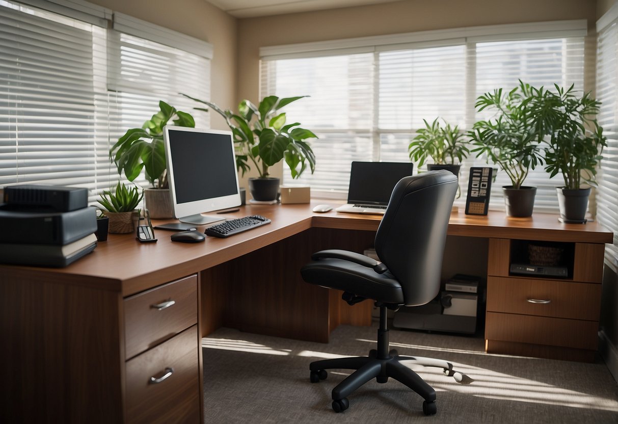 An office desk with a computer, chair, and filing cabinet. Shelves with books and a potted plant. Bright lighting and a window with blinds
