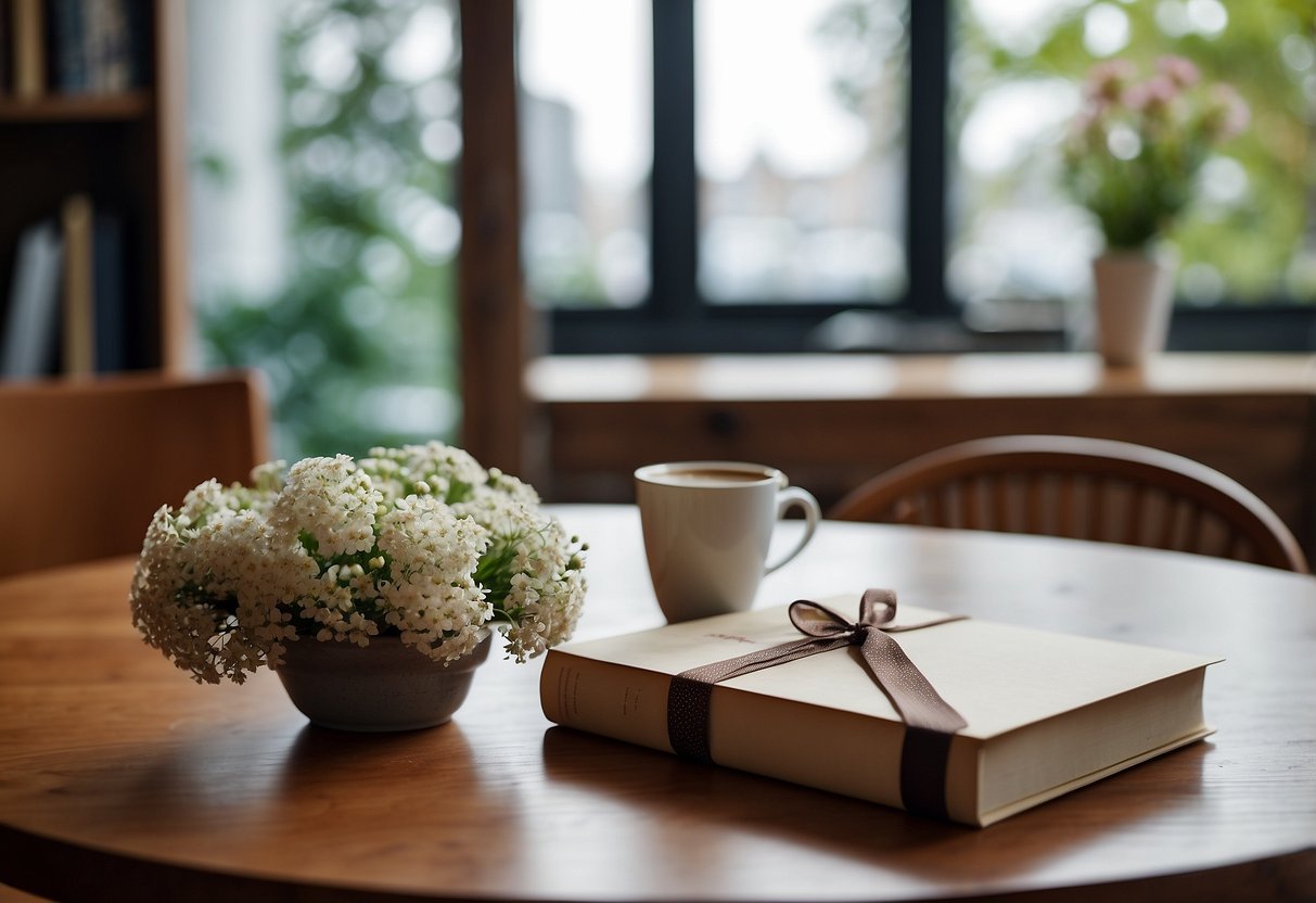 A wooden tabletop with a vase of flowers, a stack of books, and a coffee mug on top. Nearby, a chair with a cushion and a table lamp
