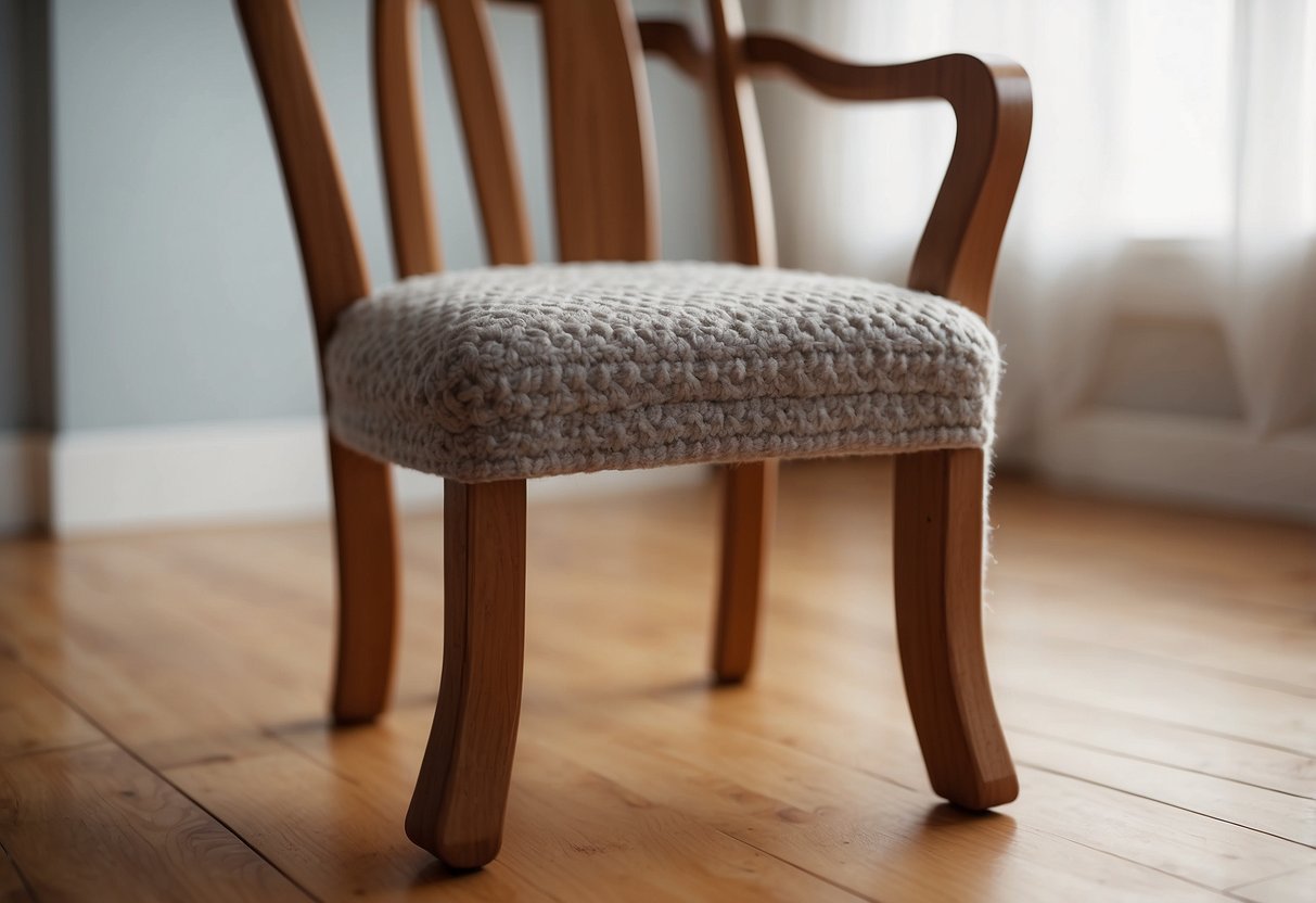 Felt furniture protectors cover the legs of a wooden chair, preventing scratches and scuffs on the floor