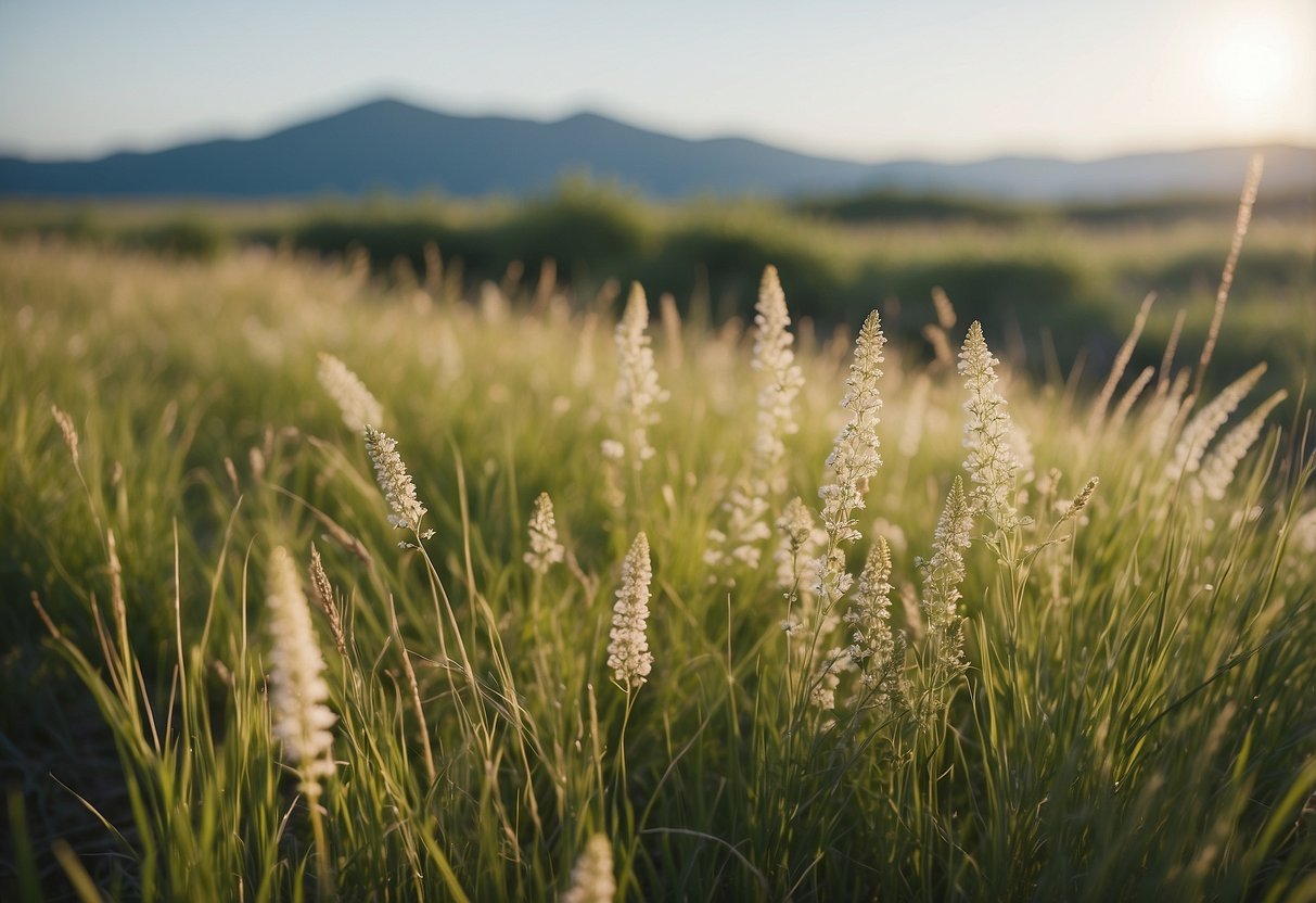 Rolling prairie grasses sway in the gentle breeze, dotted with wildflowers. A peaceful creek winds through the landscape, offering a serene spot for a picnic. A clear blue sky and distant mountains complete the tranquil scene