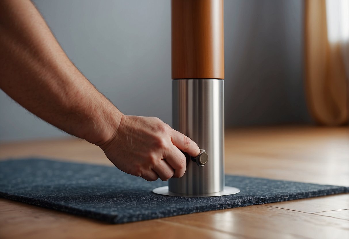 A table leg with a felt furniture protector being placed underneath, preventing scratches on the floor