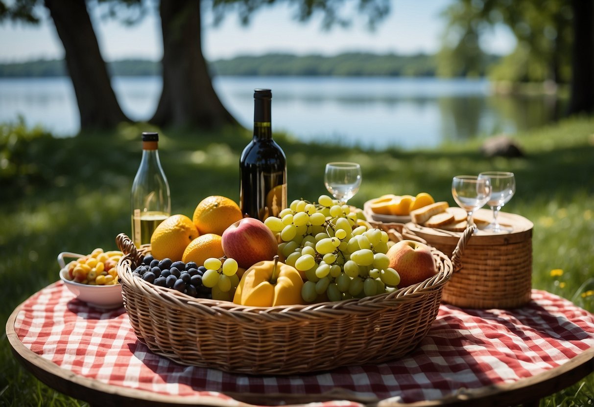 A checkered blanket spread on lush grass, surrounded by trees and wildflowers. A wicker basket filled with fresh fruits, sandwiches, and a bottle of wine. A serene lake in the distance, reflecting the clear blue sky