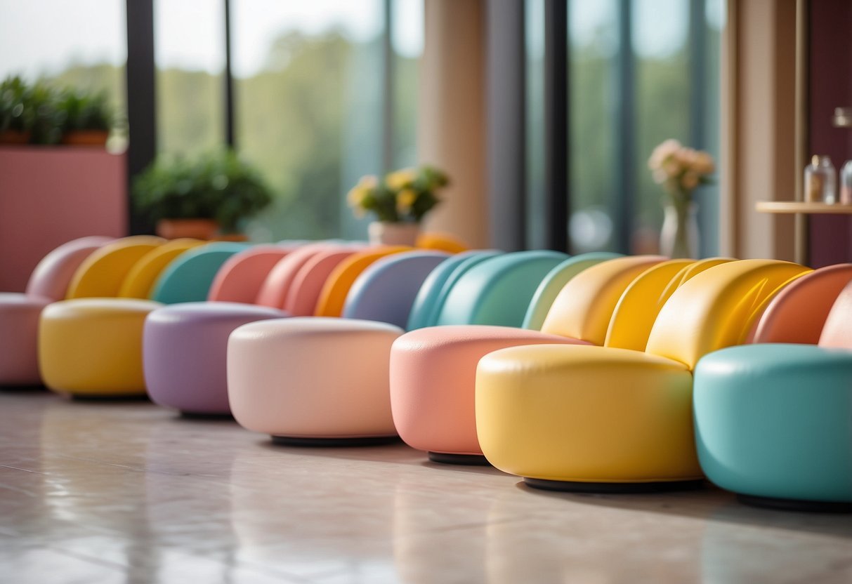 Colorful macaron-shaped chairs and tables form a whimsical furniture set, adorning a pastel-hued room with a playful and delightful ambiance
