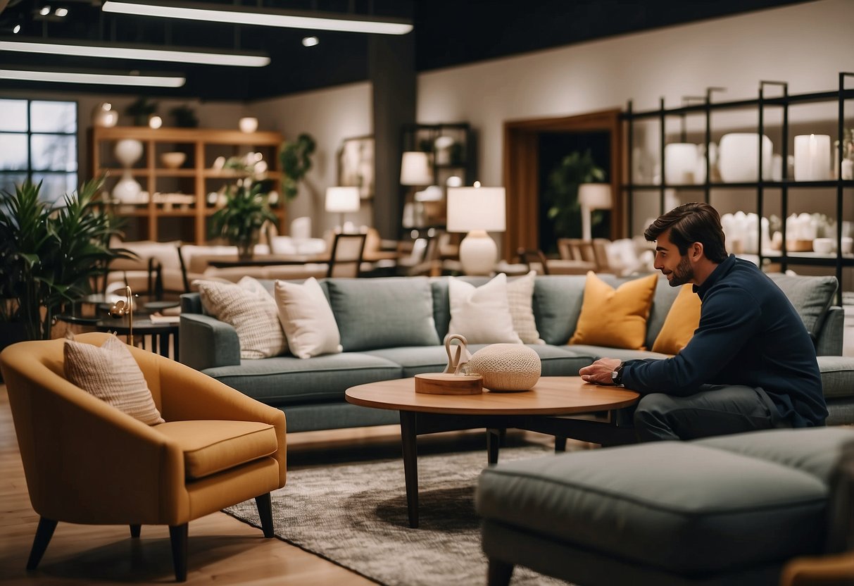 A customer confidently selects high-quality furniture at a modern and spacious home decor store, surrounded by stylish and functional pieces