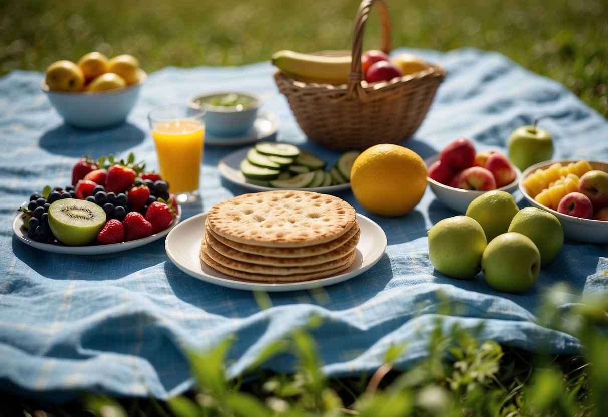 A picnic blanket spread with fruit-based dishes, surrounded by a lush green landscape and a clear blue sky