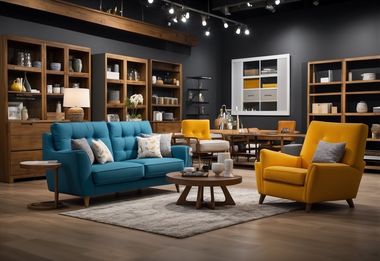Various furniture items displayed on a digital platform with price tags and descriptions. Online interface showing search and filter options for resale furniture