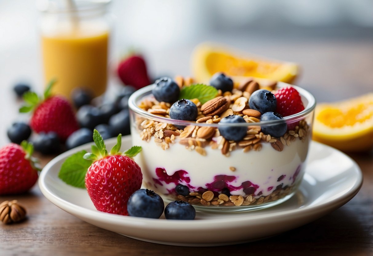 A glass parfait dish filled with layers of vibrant berry yogurt, granola, and fresh fruit, topped with a sprinkle of nuts and a drizzle of honey