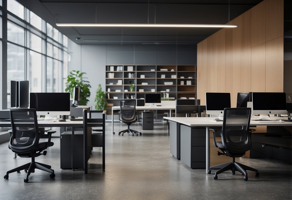 A modern office space with sleek desks, ergonomic chairs, and storage cabinets. The furniture is functional, stylish, and arranged to promote productivity