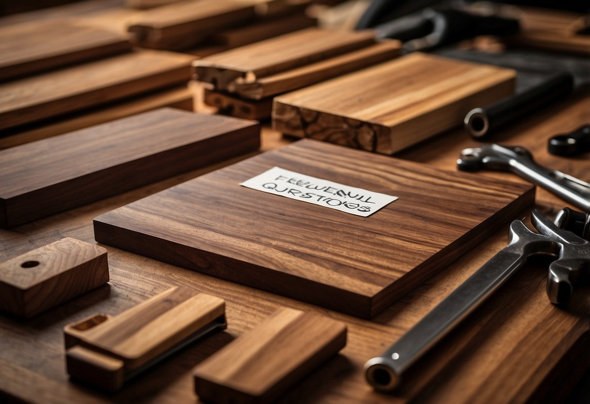 A stack of walnut furniture boards with a "Frequently Asked Questions" label on top, surrounded by tools and wood shavings