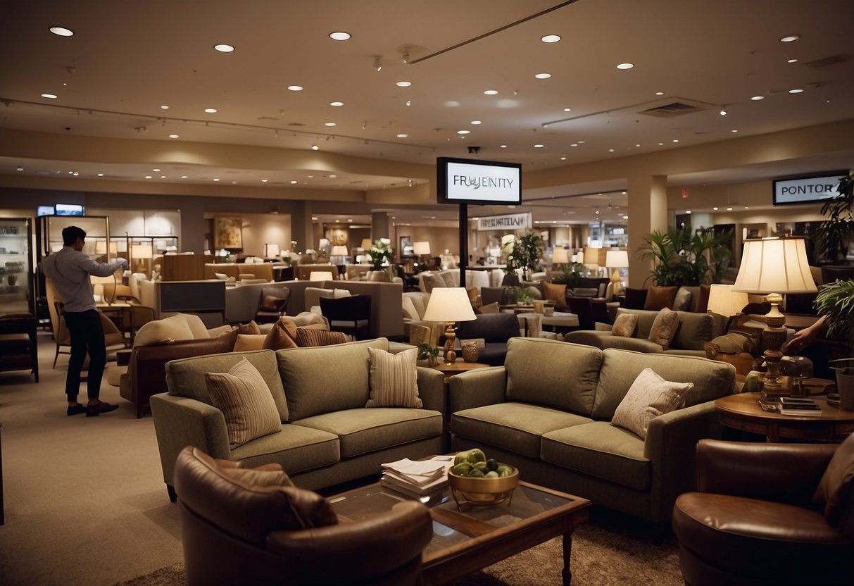 A bustling furniture store with customers browsing, a helpful staff member assisting a couple, and a large sign reading "Frequently Asked Questions" above a display of home furniture