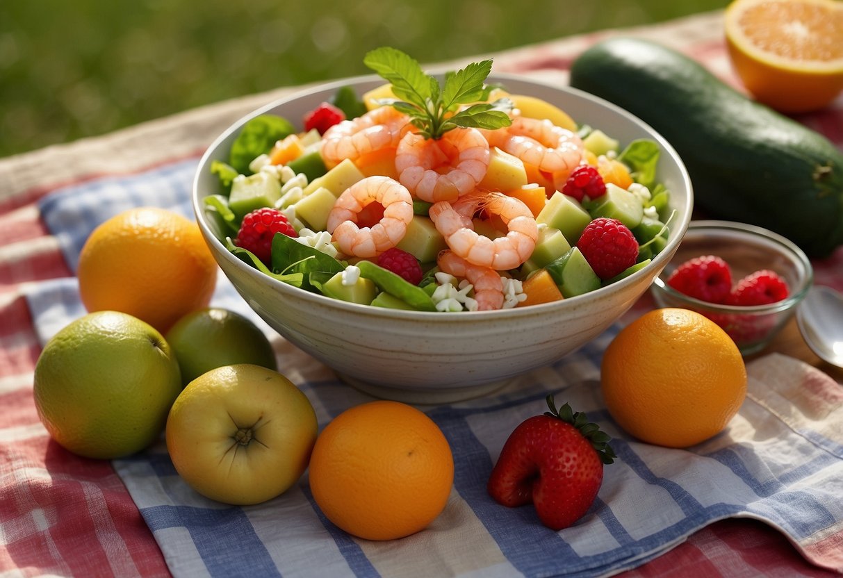 A colorful bowl of grapefruit and prawn salad surrounded by a variety of fresh fruits and vegetables, set on a checkered picnic blanket