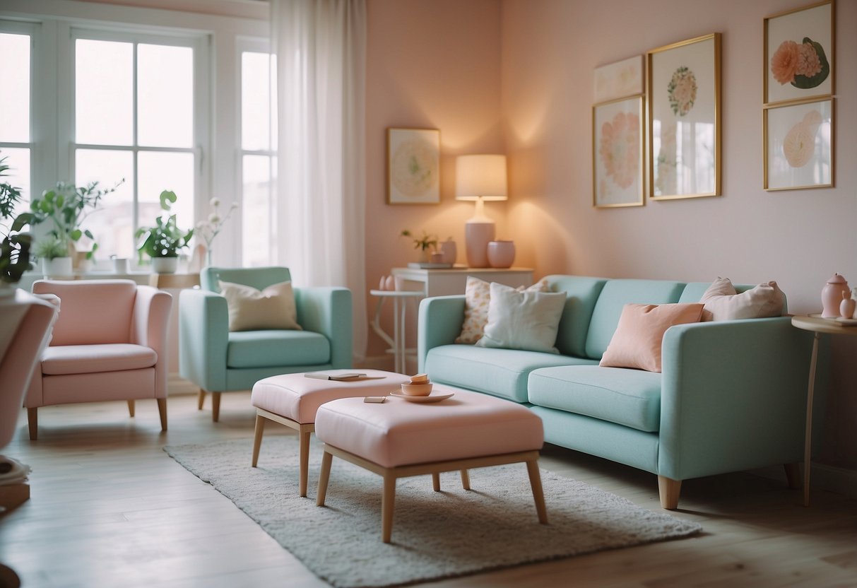 A cozy living room with pastel-colored macaron-shaped chairs and a table, surrounded by whimsical decor and soft lighting
