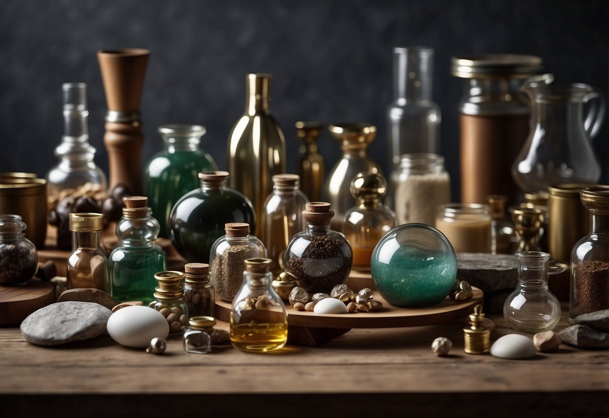 A variety of tabletop materials such as wood, glass, marble, and metal are arranged in a studio setting for exploration