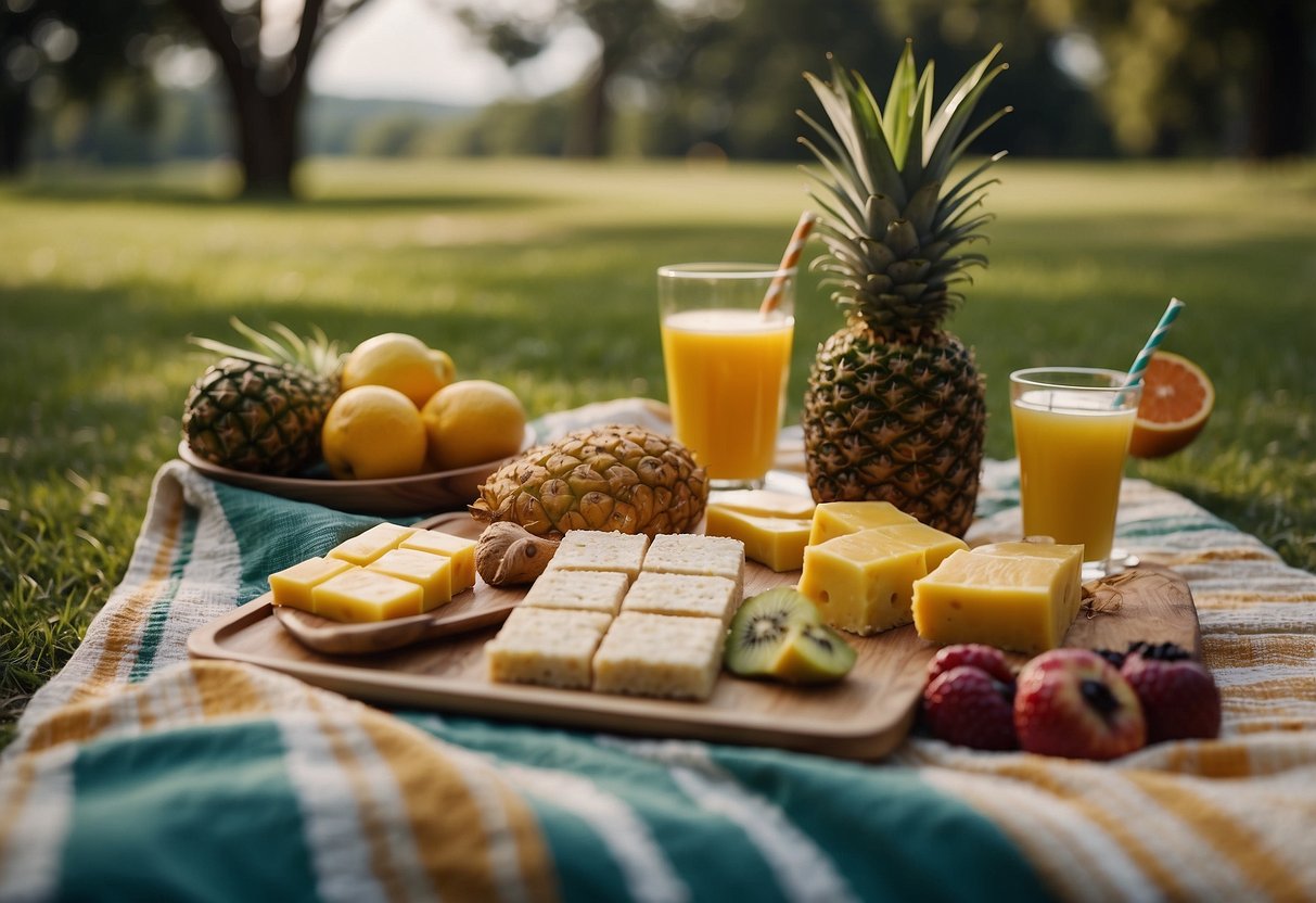 A picnic scene with a checkered blanket spread out on green grass, surrounded by a variety of fresh fruits and a batch of pineapple coconut bars on a serving platter