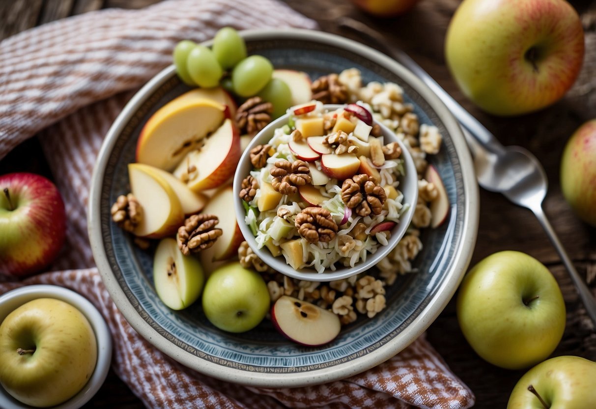 A picnic blanket spread with a colorful array of fruit-based dishes, including a bowl of apple walnut coleslaw surrounded by fresh apples and walnuts