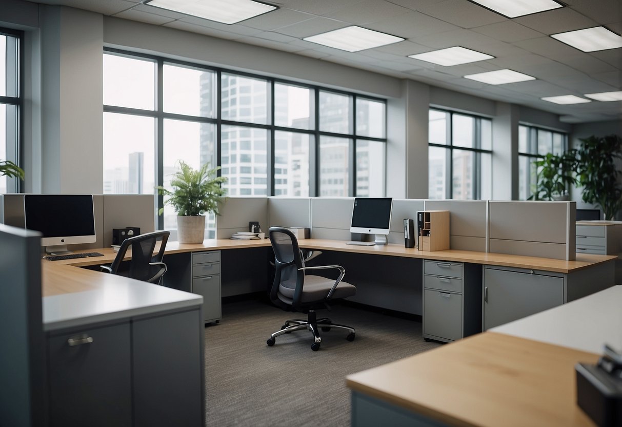 Office furniture including desks, chairs, and filing cabinets arranged in a clean and organized office space with neutral color scheme