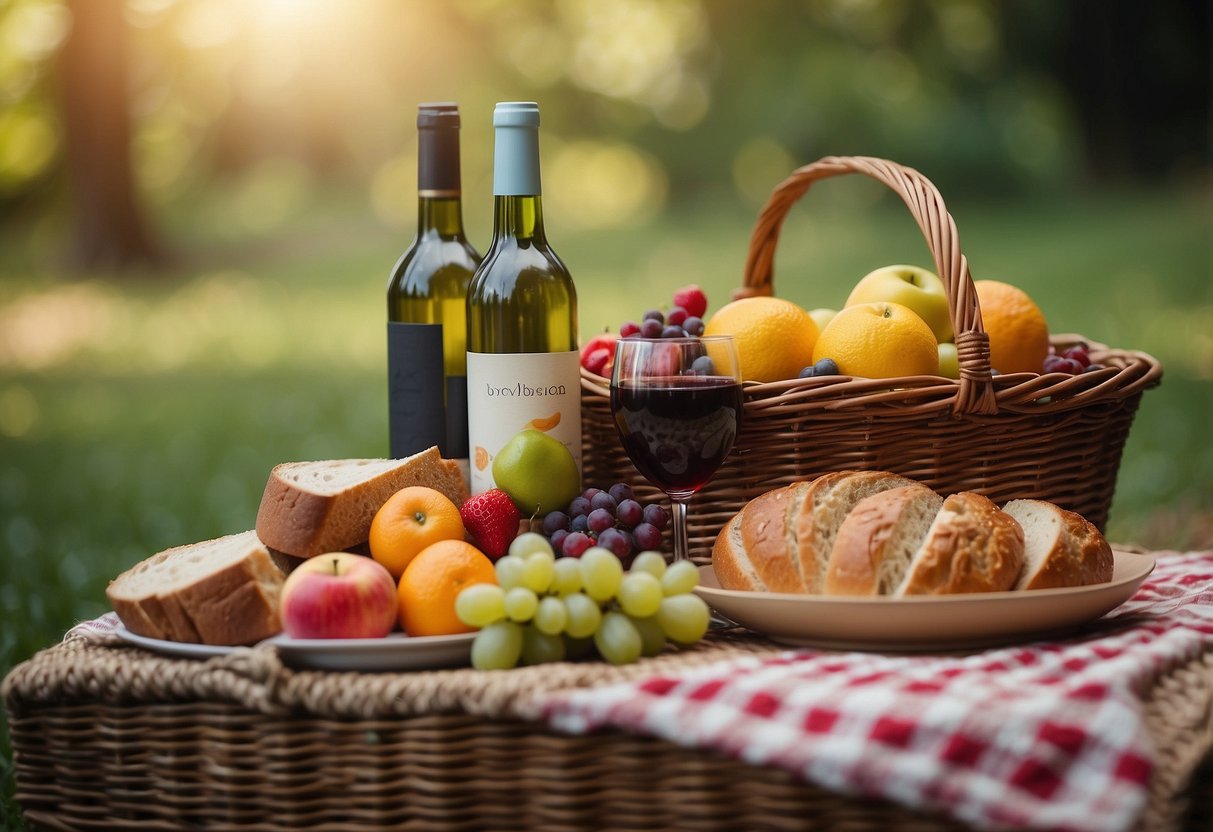 A picnic blanket spread with a colorful array of fresh fruits, surrounded by a wicker basket, a bottle of wine, and a loaf of bread