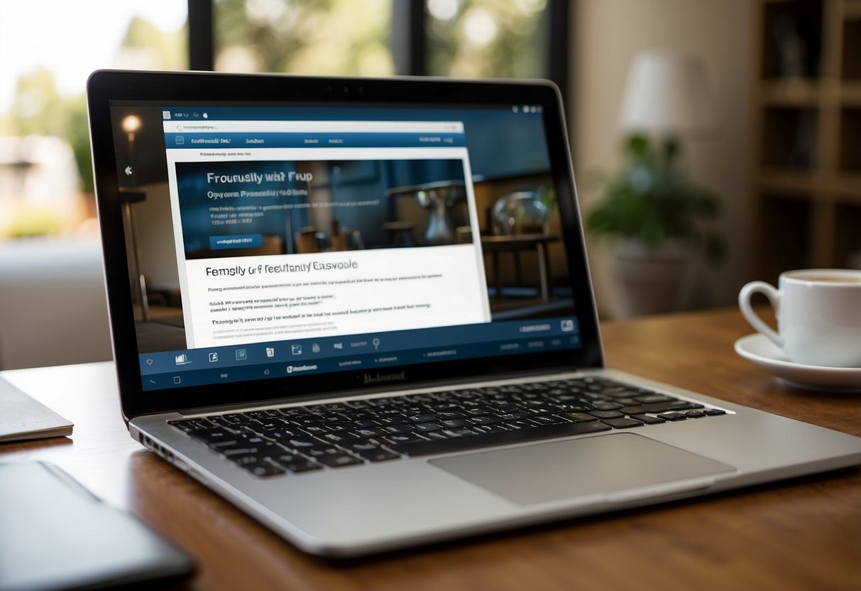 A laptop open to a website with a "Frequently Asked Questions" page for resale furniture. A stack of furniture catalogs and a pen on the table