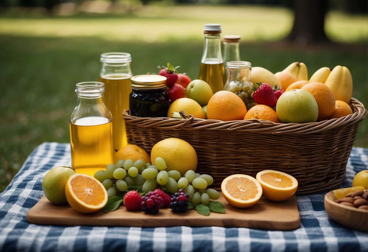 A picnic blanket spread with a colorful array of fresh fruits, nuts, and herbs. A wicker basket holds jars of honey and olive oil, while a cutting board displays sliced melons and berries