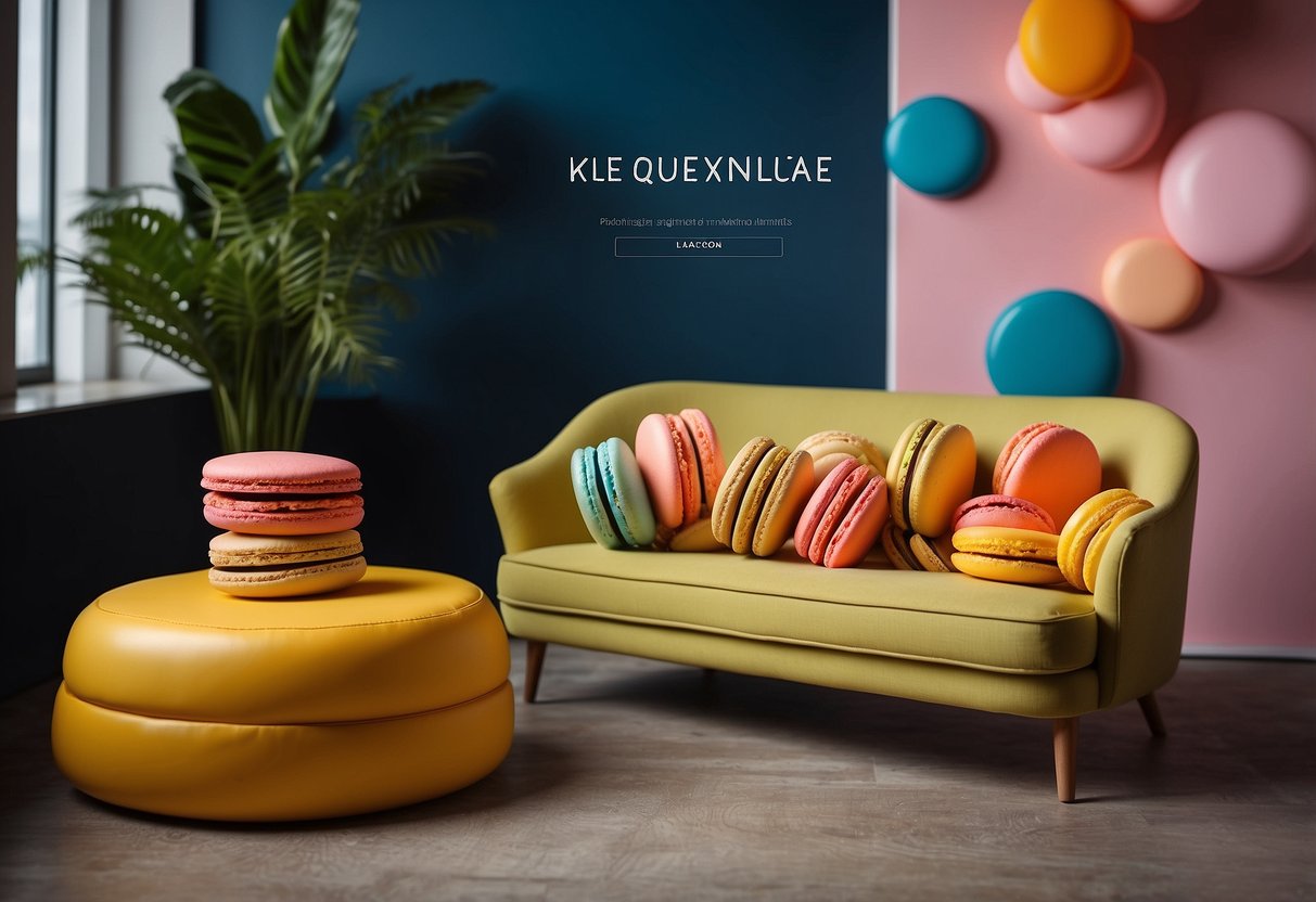 Colorful macaron-shaped furniture arranged in a playful and inviting display, with a sign reading "Frequently Asked Questions" in a whimsical font