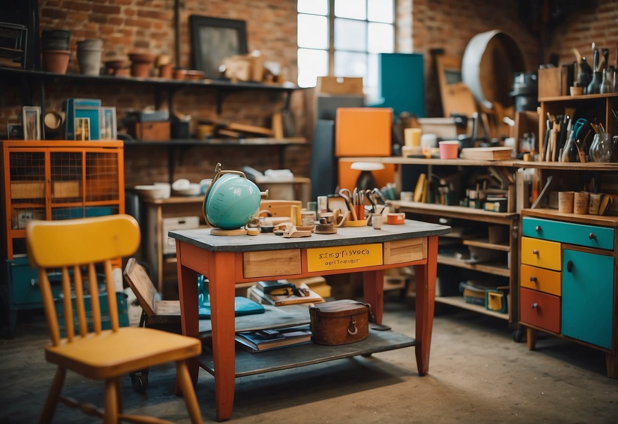 A workshop filled with colorful, upcycled furniture pieces. Each item is labeled with creative and catchy names, adding a playful touch to the refurbished collection