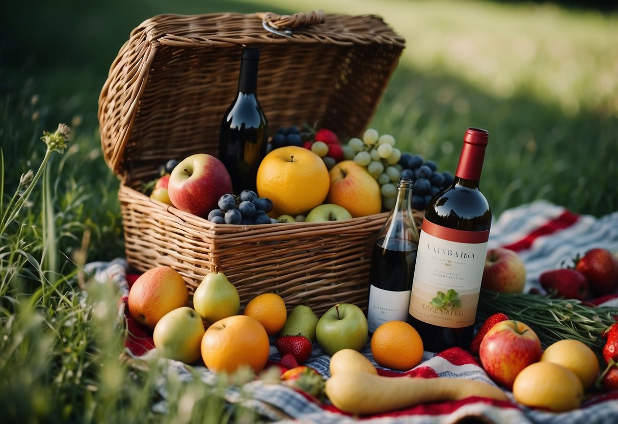 A colorful blanket spread out on a lush green meadow, surrounded by wildflowers and tall grass. A wicker basket filled with fresh fruits, sandwiches, and a bottle of wine sits in the center