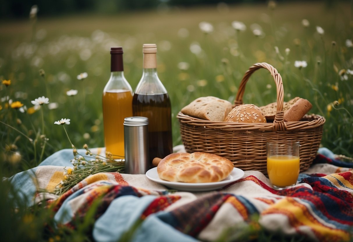 A colorful blanket laid out on a lush meadow, surrounded by wildflowers and tall grass. A wicker basket filled with delicious food and drinks sits nearby, ready for a relaxing picnic