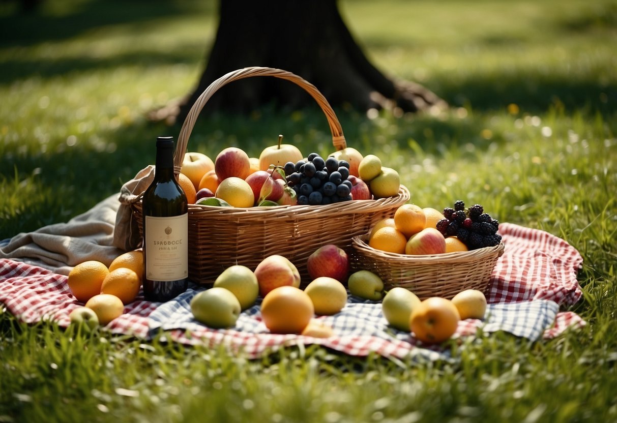 A colorful picnic blanket spread out on a lush green meadow, surrounded by a variety of fresh fruits neatly packed in baskets and containers. Sunlight filters through the trees, casting dappled shadows on the scene